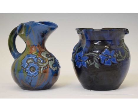 Elton Ware (Clevedon) pottery - Jug decorated with stylised floral motif, on a streaked brown and blue slip ground; together 