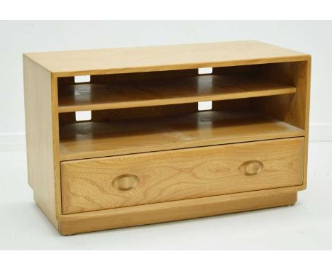 Ercol - Windsor television unit, the upper open shelved section over single long drawer, 90cm x 43cm x 55cm high 