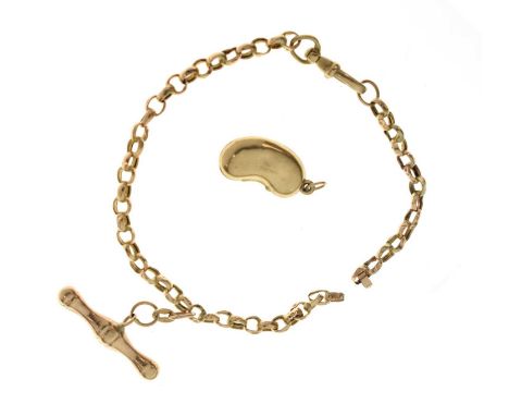 Belcher link yellow metal chain with T-bar, unmarked (a/f), and a 9ct gold coffee bean charm, 4.5g approx (2)