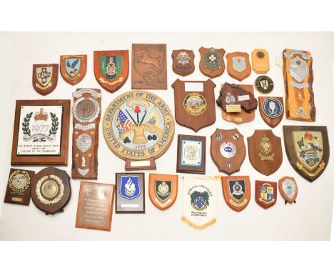 Quantity of commemorative and foreign police wooden presentation plaques to include; 'United States Department of the Army pl