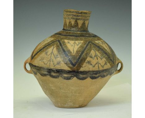 Chinese pottery vessel, possibly Neolithic period, the ovoid body with cylindrical neck and twin loop handles, painted in bro