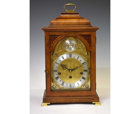 Comitti - Late 20th century walnut cased mantel clock, 'Tempus Fugit' boss over silvered Roman chapter ring with engraved fol