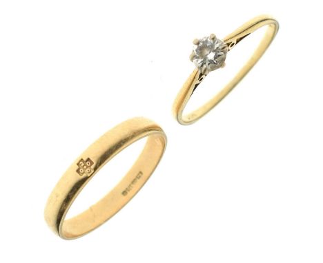 9ct gold wedding band, size M approx, and 9ct gold diamond single stone ring, size L approx, 2.2g gross approx (2)