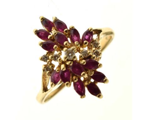 Ruby and diamond multi-stone 9ct gold dress ring, size S approx, 4.1g gross approx