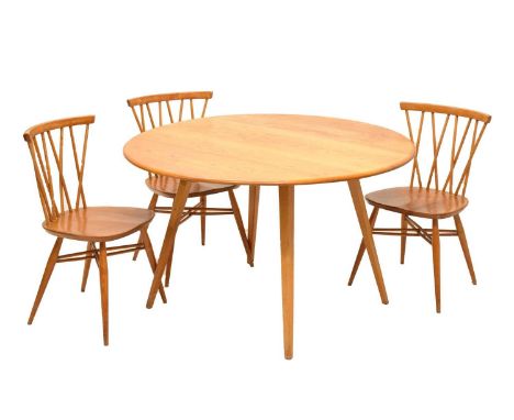 Ercol - Set of three elm and beech 'Candlestick' dining chairs, together with a drop-flap dining table, raised on four splaye