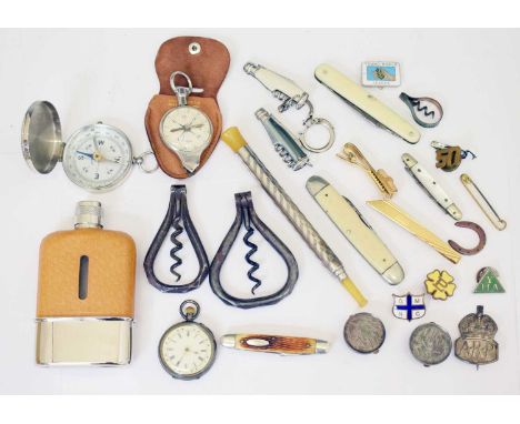 Small group of gentleman's collectables to include; early 20th century 935 silver cased fob watch, glass hip flask with detac
