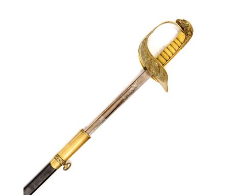 Modern British Royal Air Force dress sword, single-edged blade 82cm embossed with decorative scroll work and the Royal coat o