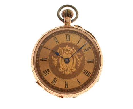 Lady's 14ct yellow metal cased open-face fob watch, the gilt Roman chapter ring dial with engraved foliate centre and blued s