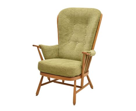 Ercol - Evergreen high back easy chair, with detachable green deep button fabric back and seat cover, 54cm (seats widest poin