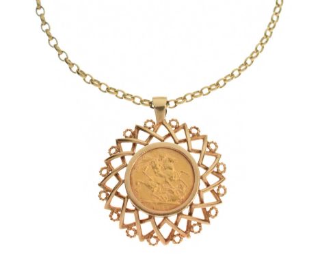 Victorian gold sovereign 1888, mounted in a 9ct gold pendant with a 9ct gold belcher link chain, 61cm long approx, 33.4g gros