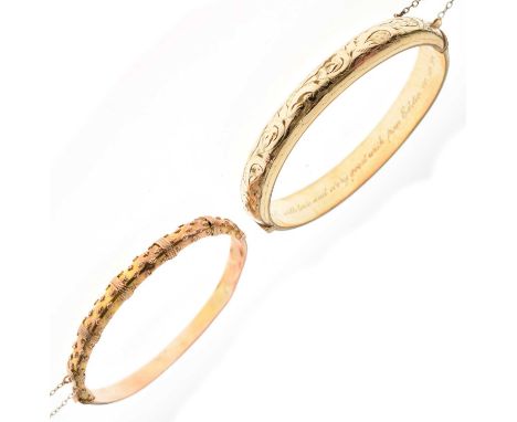 Late Victorian 9ct rose gold hollow snap bangle, Birmingham 1899, 7.3g approx, and a 9ct metal core snap bangle, 15.2g gross 