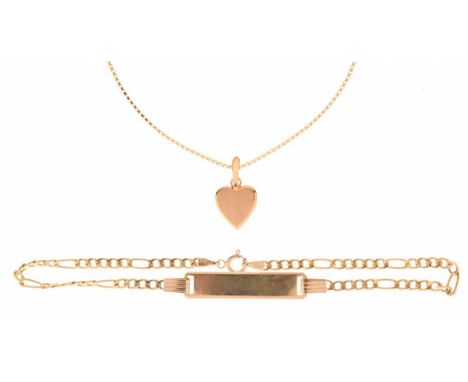 Heart-shaped pendant on a box link chain, marked 'K18', 3.4g approx, and a 9ct gold identity bracelet, 1.4g approx (2)