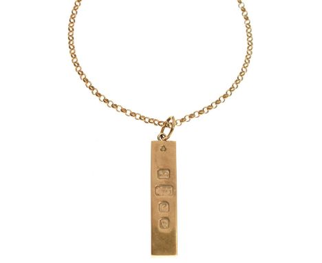 9ct gold ingot pendant and a 9ct gold belcher link chain, 45cm long approx, 40.6g approx