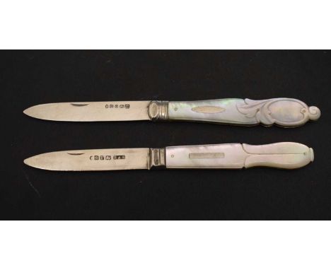 Two Victorian mother-of-pearl mounted silver folding fruit knives, sponsor's mark of Roberts &amp; Slater, Sheffield 1849, an