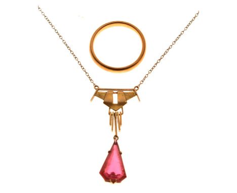 22ct gold wedding band, size N approx, and a '9ct' stamped pendant set red stone, on fine chain, (a/f), 6.8g gross approx (2)