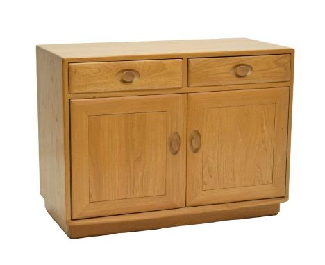 Ercol - Windsor elm low cupboard, the two drawers over twin door cupboard base, 91.5cm x 43cm x 68.5cm high