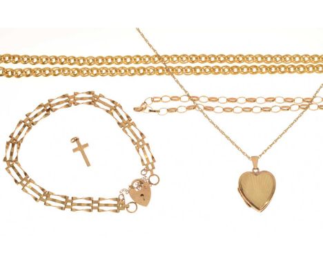 Small quantity of 9ct jewellery comprising a gate link bracelet, two chains, heart-shaped locket on chain, and a cross pendan