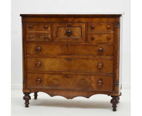 Victorian mahogany 'Scotch' chest of of three short lockable drawers over three graduated long drawers, over shaped apron, ea