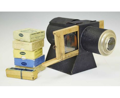 Early 20th century Ensign tinplate lantern viewer, together with five packs of Primus 'Junion Lecturers' Series' slides inclu