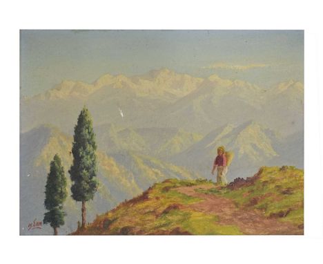 M. Sain (20th century) - Oil on board - Mountainous landscape with figure, signed lower left, 26cm x 36cm, framed, verso insc