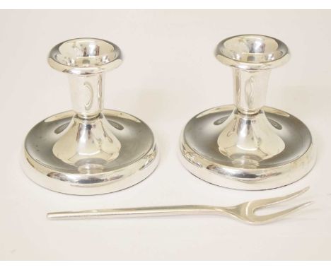 Pair of Norwegian 830 standard white-metal low candlesticks, marks for David Andersen candlesticks, 7.5cm high, weighted, tog
