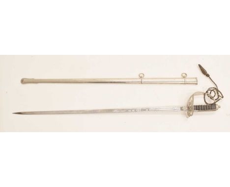 George V pattern 1845 Rifle Brigade sword, nickel hilt with crowned bugle in cartouche, wire bound fish-skin grip, straight 3