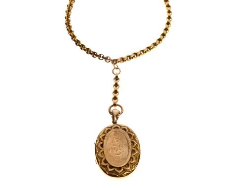 '9ct' yellow metal belcher link book chain and oval gilt metal locket, chain is 25g approx