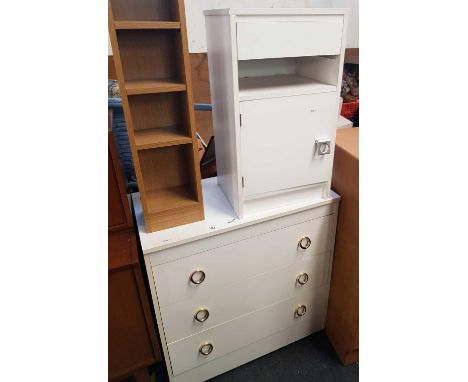WHITE MODERN CHEST OF 3 DRAWERS, 1 BEDSIDE CABINET &amp; A TALL NARROW CD RACK