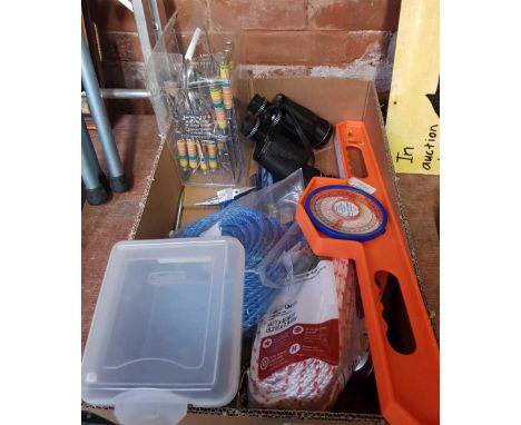 CARTON CONTAINING PAIR OF 7 X 50 CCE, A PITCH FINDER AND VARIOUS TOOLS, INCLUDING A KNIFE AND FORK SET