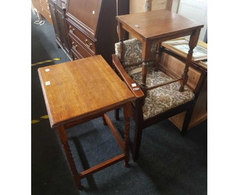 OAK BARLEY TWIST LEG HALL TABLE WITH COMMODE CHAIR AND 1 SMALL TABLE