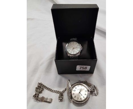 1 WHITE METAL ORLANDO GENTS WRIST WAT IN BOX AND MODERN QUARTZ EMBOSSED POCKET WAT WITH CHAIN