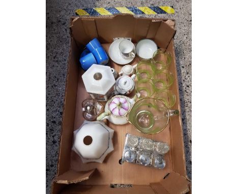 CARTON OF MISCELLANEOUS GLASS AND CHINA INCLUDING CRUET SET AND TWO VINTAGE LAMP SHADES