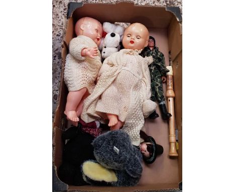 TWO CARTONS CONTAINING DOLLS, SOFT MOD A WOODEN RECORDER, CARTON OF KITCHEN CUTLERY AND A MIXING BOWL
