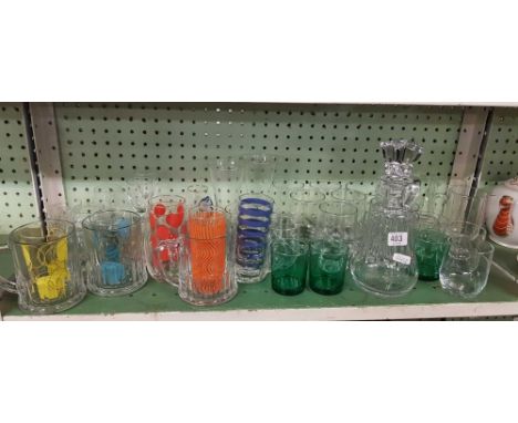 SHELF OF LEMONADE GLASSES, A DECANTER, ETC