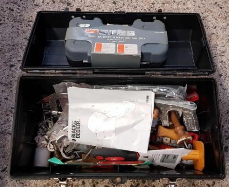 BLACK PLASTIC TOOL BOX CONTAINING MISCELLANEOUS TOOLS, A BLACK AND DECKER NOSE BUFFER AND A BAHCO 34 PIECE SOCKET AND MECHANI