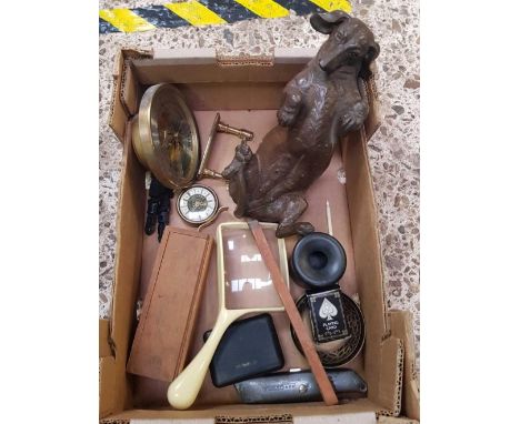 CARTON CONTAINING A SMALL ANEROID BAROMETER, SET OF BONE DOMINOES, MAGNIFYING GLASS, A PACKAGE OF STM AND OTHER BRIC-A-BRAC  