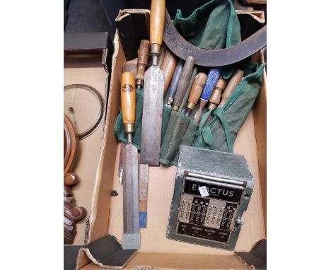 VINTAGE TOOLS: SET OF 15-20 CHISELS IN A WRAP, FIVE LARGE CHISELS LOOSE, THREE SHARPENING STONES, ONE SICKLE, READY RECKONER,