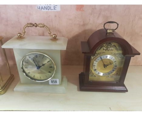 MARBLE QUARTZ TABLE CLK WITH HANDLE, 1 GLASS AND BRASS CLK WITH HANDLE, 1 BY METAMEC AND A LEATHER ENCASED ANEROID BAROMETER 