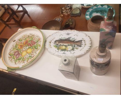 THREE CERAMIC LIGHT BASES, TWO LARGE PLATES 