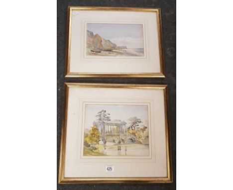 TWO WATER WATERCOLOURS 19TH CENTURY BEACH SCENE AND A RIVER TOOLS