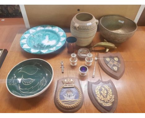 THREE CERAMIC ITEMS, A BRASS BOWL, PLAQUES, COPPER GOBLET, ETC