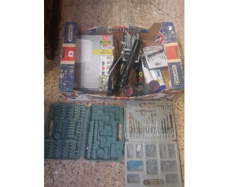 CARTON CONTAINING PAIR OF 8 X 40 CCE, A MAGLIGHT FLASHLIGHT, AN AVON POST BOX, SCREWDRIVER SET AND OTHER TOOLS
