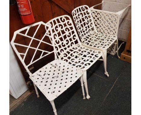 PAIR OF METAL TOOLS CHAIRS, ONE OTHER AND A TABLE