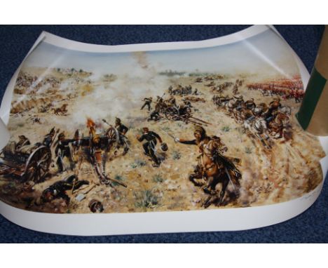 A TUBE CONTAINING FOLLOWING COLOURED PRINTS, five large 'The Siege of Seringapatam', three copies of large Victorian Battle p