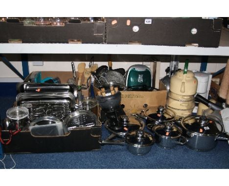 A SET OF FIVE BASTILLE STAINLESS STEEL PANS, enamel pans, teapot/kettle, three boxes of other kitchen items etc