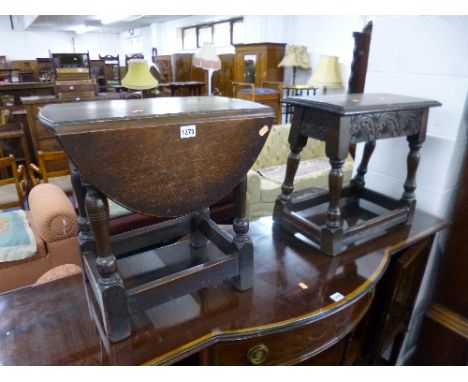 A SMALL OAK DROP-LEAF TABLE, and a carved oak stool (2)