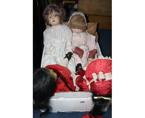FOUR MODERN COLLECTORS DOLLS, three have nape of neck marked 'JCS', ceramic heads with painted features, cloth and wooden bod