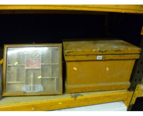 A PAINTED TOOL CHEST, containing a quantity of hand tools and a glazed cigar case