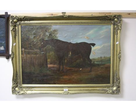 AN UNSIGNED OIL ON CANVAS, horse at gate in countryside, approximately 50cm x 75cm (a/f)