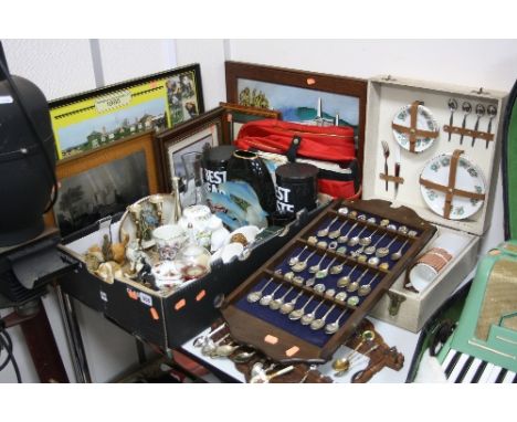 A BOX AND LOOSE SUNDRY ITEMS, to include collectors spoons, Sirram picnic box, ornaments, pictures etc